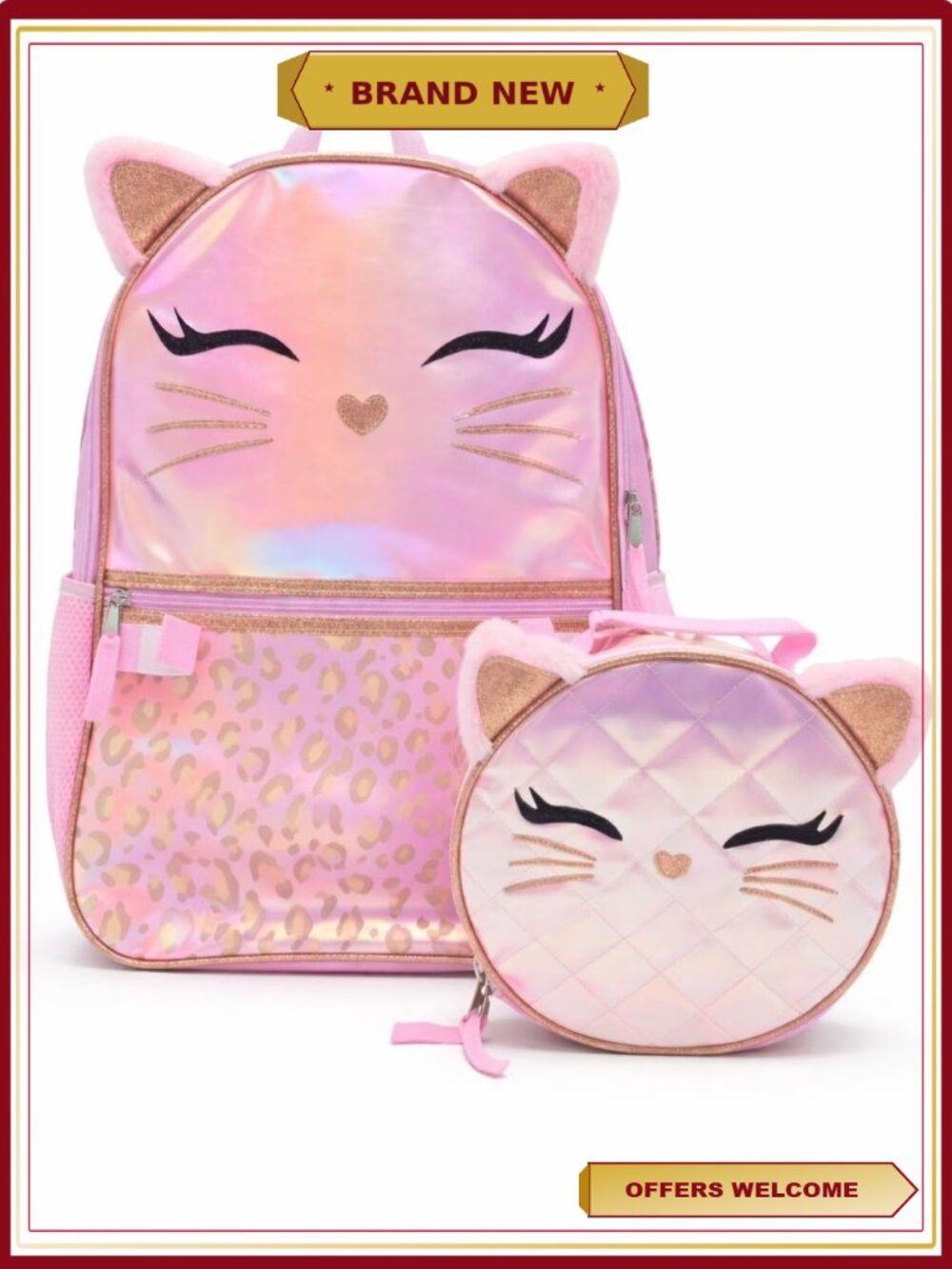 Girl's 17" Leopard Cat Backpack & Lunch Box Set with Padded Laptop Sleeve